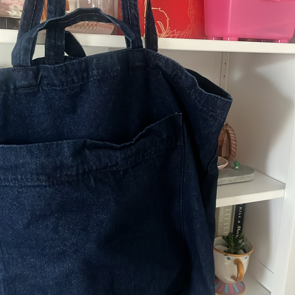 EUC baggu big pocket dark blue denim Tote Bag - Picture 2 of 5